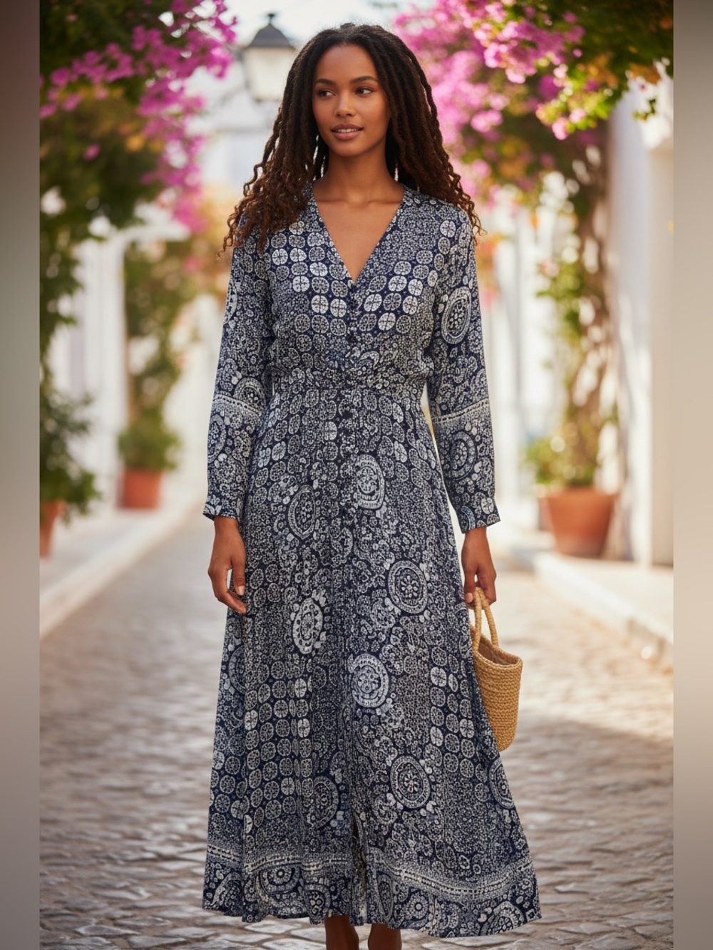 0036. Natalie Martin Navy & White Geometric Print Maxi Dress (Anthropologie)
